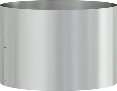 A cylindrical metal planter or pot with rivets along the side.