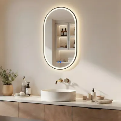Image de Miroir de salle de bain ARTFORMA LED ovale 50 x 80 cm, noir mat, avectactile et traitement anti-buée