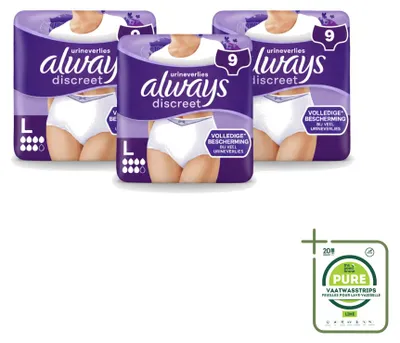 Obrázok produktu pre 3 kusy dámskych absorpčných nohavičiek Always Discreet, veľkosť L – veľké balenie