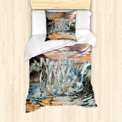 Produktbild von ABAKUHAUS Pferde Mantele, Retro Surreale Pferde, Milbensicher Allergiker geeignet mit Kissenbezügen, 135 cm x 200 cm - 80 x 80 cm, Mehrfarbig