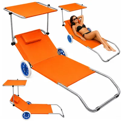 Produktbild von Strand-Liegestuhl auf Rädern, Garten-Klappdach, Metall, Orange