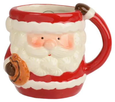 Festliche Tasse in Form eines Weihnachtsmanns mit rotem Henkel und dekorativem Keks Detail.