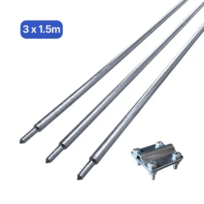 Obrázek produktu pro ZEMNÍCÍ TYČ UZEMŇOVACÍ TYČ POZINK SADA 4,5M | 3x 1500 x Ø16mm + Křížová Svorka