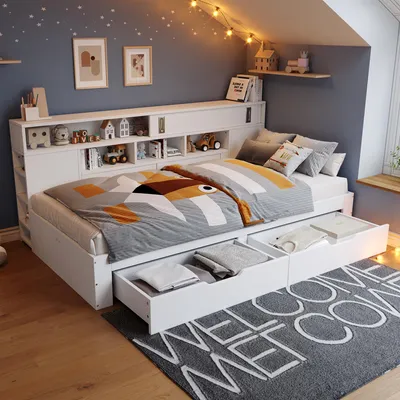 Produktbild von STILVORA Schlafsofas 140x200 Multifunktionales Kinderbett, Einzelbett mit Schubladen und verstellbare Lagerregale,Doppelschubladendesign,ohne Matratze,weiß