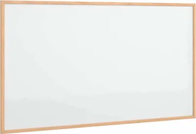 A whiteboard with a wooden frame.