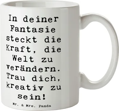 Produktbild von Mr. & Mrs. Panda Teetasse Spruch Die Freude an der Kreativität entdecken - Weiß - Geschenk, Trinkbecher, handgefertigt, Becher, kreative Freiheit, Mutmacher, Entfaltung