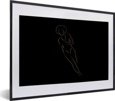 Produktbild von MuchoWow® Gerahmtes Poster Frau - Gold - Schwarz - Strichzeichnung 40x30 cm - Poster mit Schwarzem Bilderrahmen Wandposter Rahmen Foto Bilder - Bilderrahmen - Poster im Rahmen