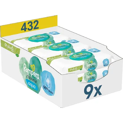 A display box of Pampers Harmonie Aqua baby wipes.