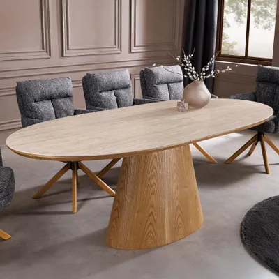 Produktbild von riess-ambiente Esstisch UNIQUE 160-200cm natur Travertin-Design Eichenholz Keramik ausziehbar 8 Personen
