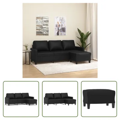 Zdjęcie produktu dla The Living Store sofa 3-osobowa z podnóżkiem czarna 180 cm sztuczna skóra