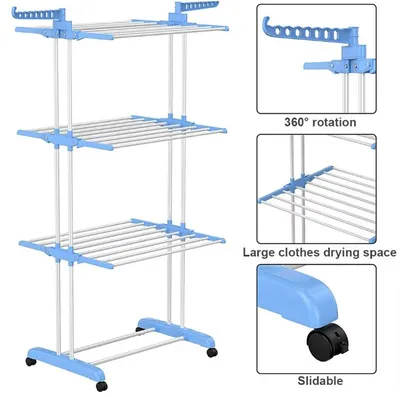 Produktbild von Wäscheständer – Freistehender Wäscheständer – 4 Ebenen – Flügelwäscheständer mit Rollen – 64 x 126 x 172 cm – Blau