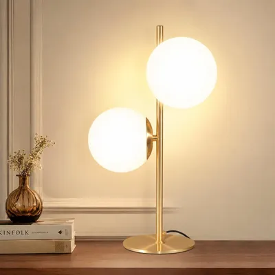 Obrázok produktu pre ZMH Nočná stolná lampa Zlatá dvojžiarovková kovová stolná lampa s vypínačom biela sklenená guľa objímka E27 pre obývačku spálne detskú izbu