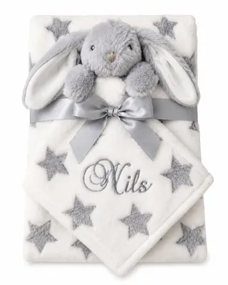 Produktbild von BotoBaby® Babydecke mit Namen + Schmusetuch Häschen – Weiß mit grauen Sternen – ca. 75 x 100 cm – Personalisiertes Baby Geschenkset