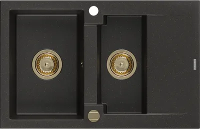 Produktbild von Mexen Gaspar 1,5-Becken-Granitspüle mit Abtropffläche 737 x 475 mm, Schwarz/Gold metallisch, Siphon Gold - 6507731505-75-G