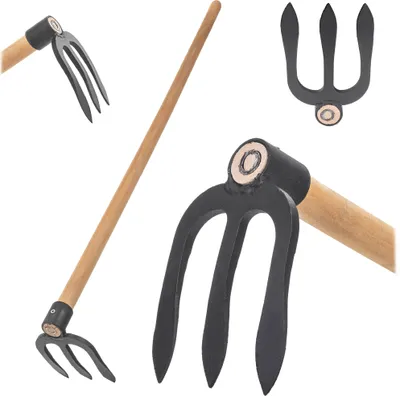 Produktbild von KADAX Kartoffelhacke mit 3 Zinken und langem Holzstiel, Gartenhacke aus geschmiedetem Stahl, Dunghacke für Gartenarbeit, Hacke für Garten, mit Stiel