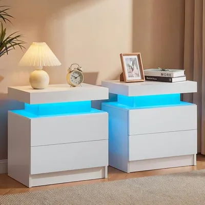 Imagen del producto de Juego de dos mesitas de noche, color blanco, con iluminación LED y 2 cajones
