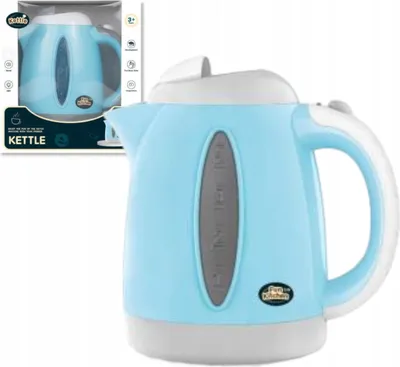 A toy electric kettle in blue and white, shown in its packaging.