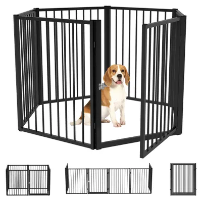 Productafbeelding van Puppyren, speelplek voor honden, puppyverblijf, 6 panelen met deur, opvouwbaar en draagbaar hondenhek, staal, zwart