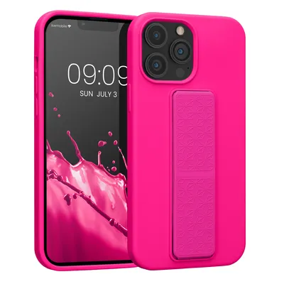 Zdjęcie produktu dla etui na telefon komórkowy kwmobile kompatybilne z Apple iPhone 13 Pro Max - Etui z uchwytem na palec i funkcją podstawki - Silikonowe etui na telefon komórkowy w kolorze neonowego różu