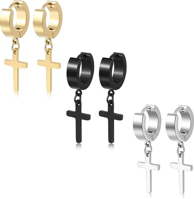 Produktbild von Männer, Frauen, Edelstahl, Stahl, Kreuz, Huggie, Scharnier, Reifen, Ohrringe, Set