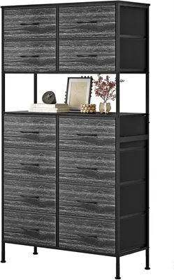 Productafbeelding van Ladekast met 12 laden - Opbergkist met open middenontwerp - Hoge ladekast voor slaapkamer - Stoffen Dressoir - Zwart