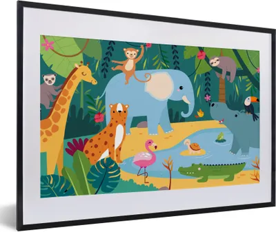 Produktbild von MuchoWow® Gerahmtes Poster Dschungel - Design - Tiere - Kind 60x40 cm - Poster mit Schwarzem Bilderrahmen Wandposter Rahmen Foto Bilder - Schlafzimmer - Plakat in Rahmen - Drucken
