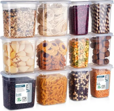 Zdjęcie produktu dla Vilde pojemniki na żywność z pokrywkami Pojemniki do przechowywania żywności Pojemniki kuchenne 1 L / 1,85 L 12 szt.