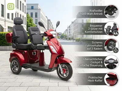 Obrázok produktu pre Elektrický skúter pre seniorov Billy 2.0, olovená batéria, 3 kolesá, 1000 W, pohodlné sedadlo, červená farba