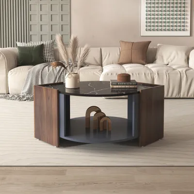 Produktbild von Couchtisch 96.5x63x40cm, Marmorplatte, Nussbaum in Kontrastfarben, Wohnzimmertisch mit einzigartigen Linien