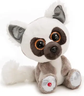 A plush toy lemur sits on a white background.