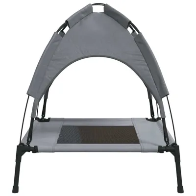 A grey pet bed with a canopy, shown from the front.
