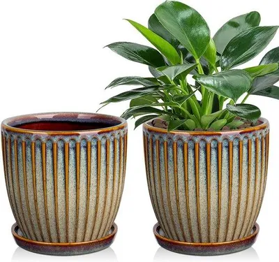 Produktbild von Keramik-Topf 15cm mit Entwässerungslöchern und Untertellern Dekorative gestreifte Blumenvasen Moderne Blumenvasen für Sukkulenten Kakteen Orchideen in Braun