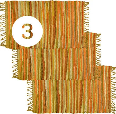 Image de MARRAKESCH Set de 3 tapis Tapis Coton Rug petit 50x90 cm | Tapis boho à rayures en coton avec franges | Tapis de sol gris | Salon, cuisine, entrée