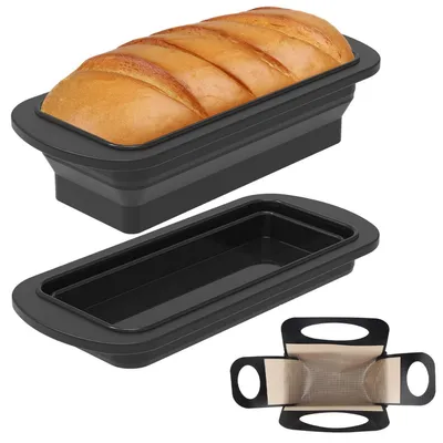 Image de Moule à pain en silicone, lot de 2, forme rectangulaire, dimensions 27,8 x 12,4 cm, couleur noire, avec tapis de cuisson
