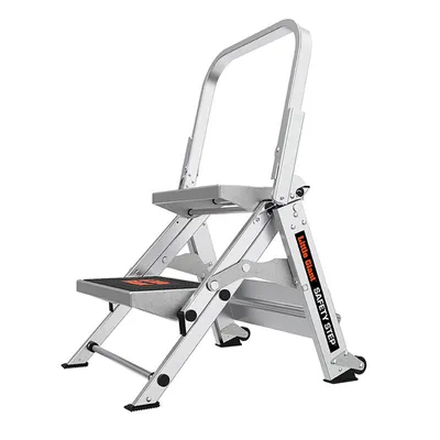A silver step stool with two steps and a handle, shown against a white background.