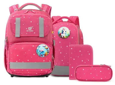 Productafbeelding van Schooltas-set, 5-delig. Ergonomisch draagsysteem, roze, in hoogte verstelbaar (100-150 cm)