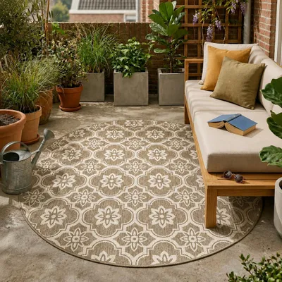 Produktbild von Volero - Outdoor Teppich Rund - Rio Flower Beige - Ø 120 cm - Balkon, Garten, Terrasse, Wintergarten - Boho