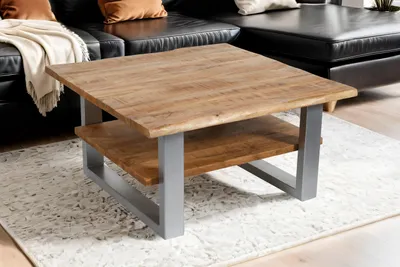 Produktbild von Couchtisch Baumkante massiv Mangoholz naturfarben 90x90 cm silber PATRICK