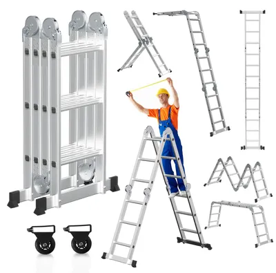 Obrázek produktu pro Vigevee univerzální žebřík, multifunkční žebřík 7v1, 4x3 schody, výška cca 360 cm / 3,6 m, hliníkový kloubový žebřík s 2 platformami, 2 kolečky, maximální nosnost 150 kg