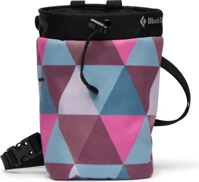 Bunte Chalk Bag von Black Diamond mit geometrischem Muster in Pink; Blau und Lila; geeignet für Kletterer.