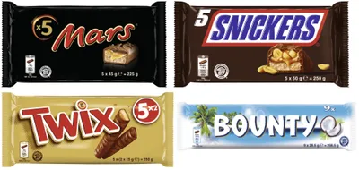 Produktbild von Multipack-Mix Mars 5x45g, Snickers 5x50g, Twix 5x50g, Bounty 4x57g