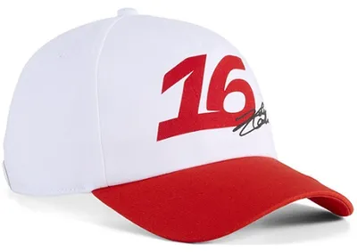Produktbild von Scuderia Ferrari Cap Leclerc Graphic 2026, Offizieller Fanartikel, Weiße Cap mit Startnummer 16, Verstellbarer Verschluss, 100% Polyester