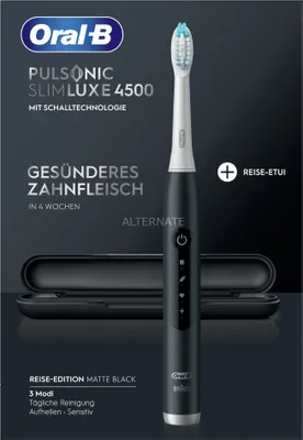 A promotional image for an Oral-B electric toothbrush, showcasing the product and its accessories against a dark background.