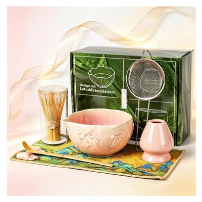 Obrázok produktu pre Sada na prípravu matcha čaju, 7-dielna, keramika: metlička (chasen), miska s výlevkou, držiak, sitko, lyžička, handrička na čaj, ružová farba