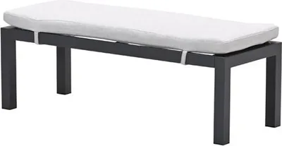 A studio shot of a modern bench with a light gray cushion.