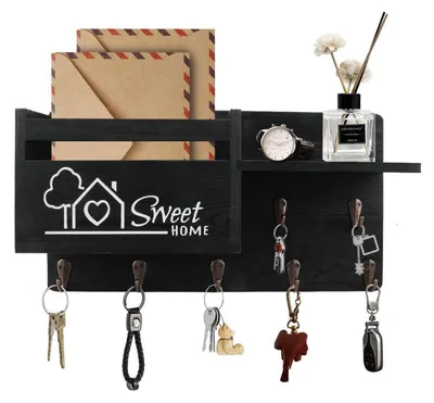 Image de Meuble mural avec porte-clés et boîte aux lettres, noir, 35x20x9 cm