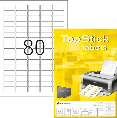 Produktbild von TOP STICK Universal-Etiketten 35,6 x 16,9 mm weiß 8.000 Etiketten auf 100 Blatt