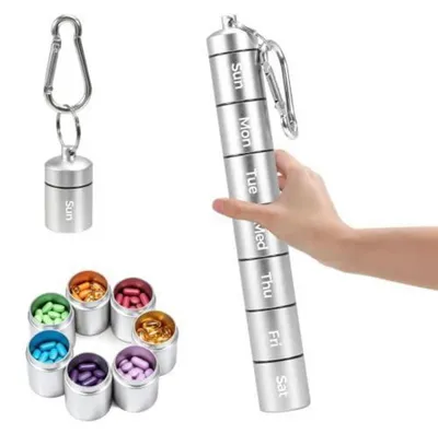 Obrázek produktu pro Krabička na tablety na 7 dní, vyrobená z hliníku, vodotěsná, se 7 přihrádkami, stříbrná barva