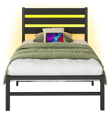 Produktbild von 90x200cm Bettrahmen Schwarz Metall MDF Kopfplatte LED USB Boxspring Nicht Erforderlich Unterbettlagerung Laermfrei Schlafzimmer