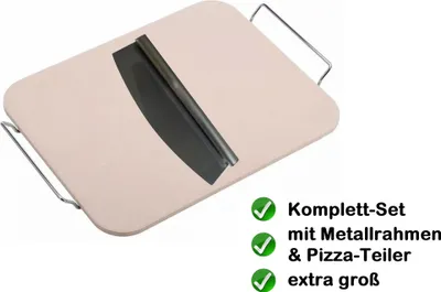 Produktbild von Hochwertiger Pizzastein Set 38 x 30cm inkl. Halter und Schneider